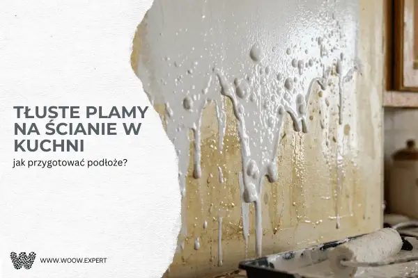 Biała farba spływa po brudnej ścianie w kuchni, pokazując, jak zamalować tłuste plamy. Wałek malarski w tacce.