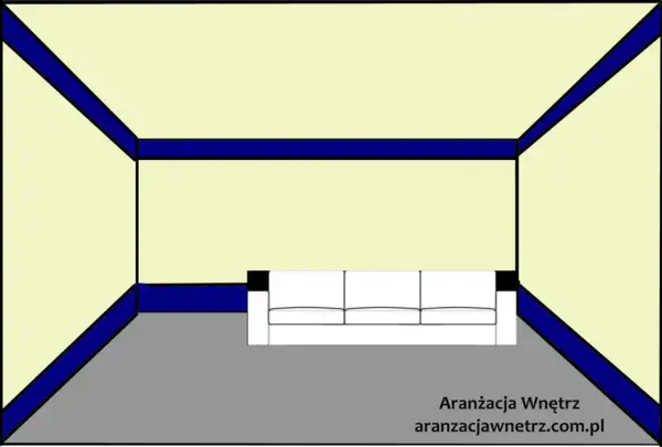 Jak malować ściany aby powiększyć pokój? Jasne ściany i ciemniejsza podłoga tworzą iluzję przestrzeni. Sofa w centrum.