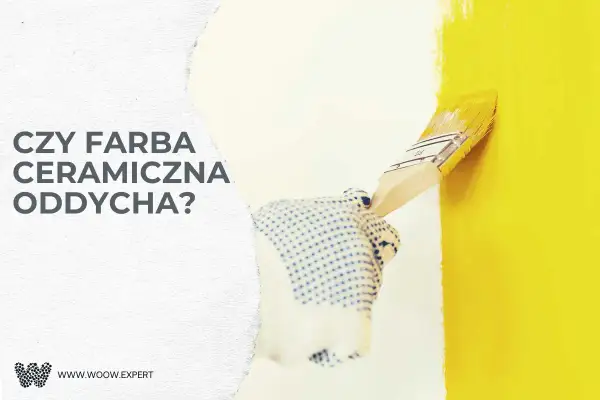 Pędzel w rękawiczce maluje ścianę na żółto. Czy farba ceramiczna oddycha? Dowiedz się więcej na www.woow.expert.
