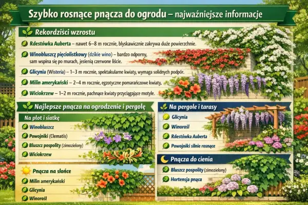 Szybko rosnące pnącza do ogrodu, w tym winorośl i glicynia, tworzą zielone ściany i kwitnące girlandy.
