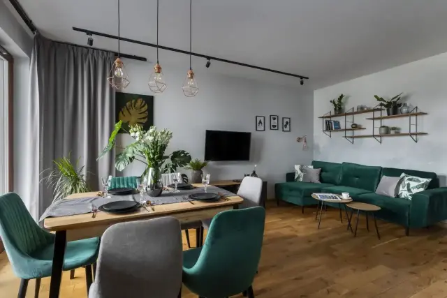 Nowoczesny salon z jadalnią. Oliwkowy kolor ścian subtelnie podkreśla zieleń mebli i roślin.